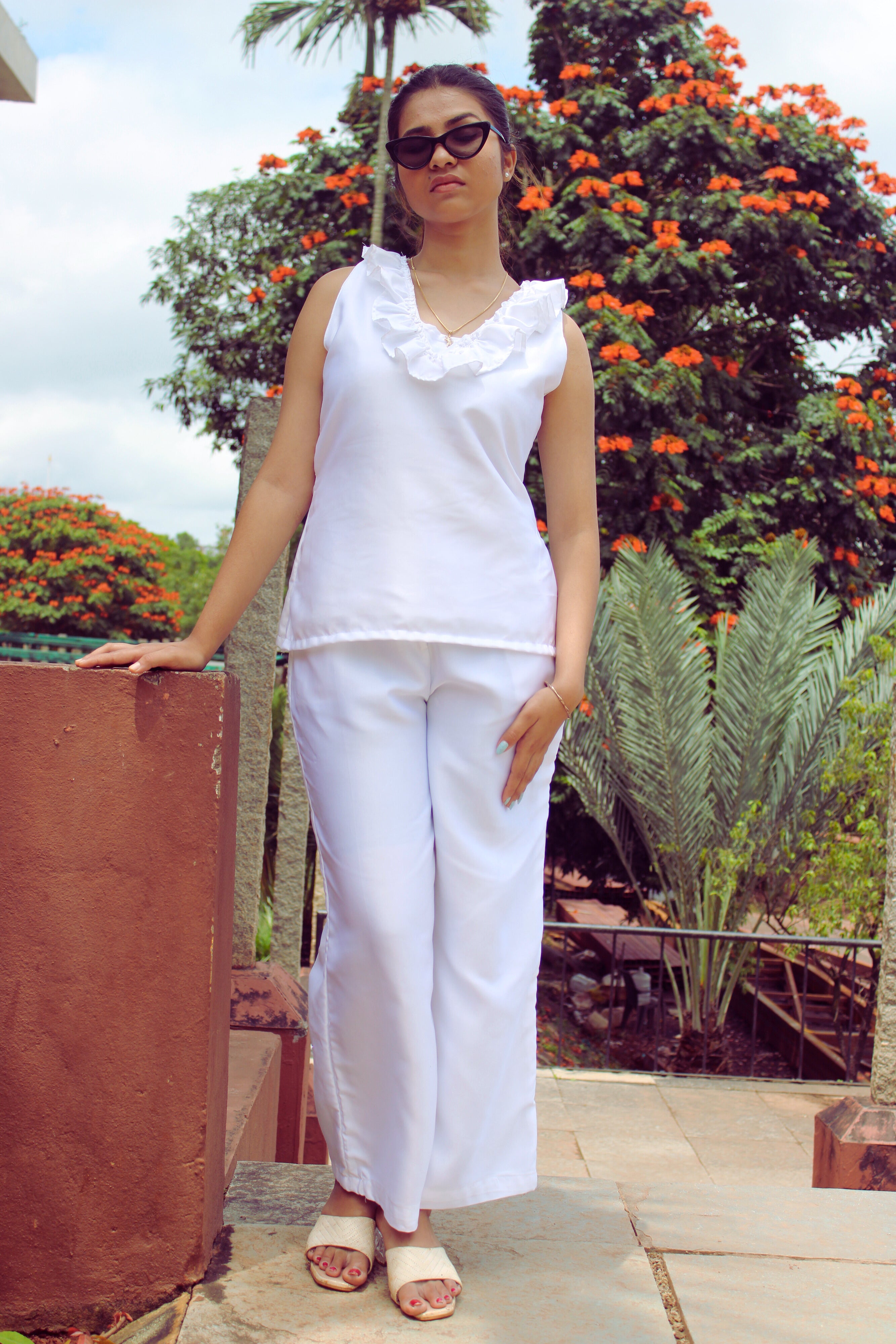 white ruffled neckline top